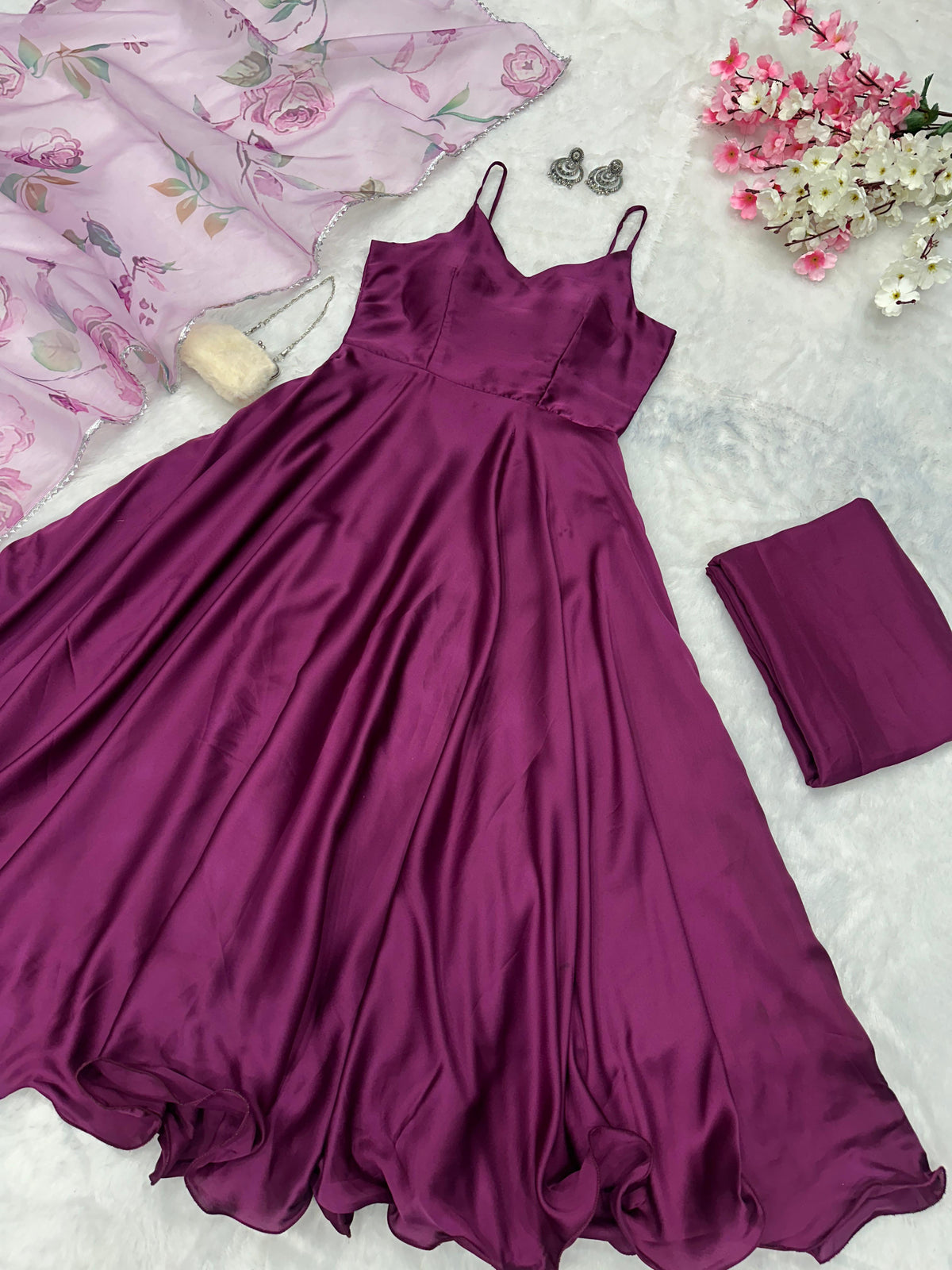 Party Wear Wine Color Satin Silk Plain Long Anarkali Suit