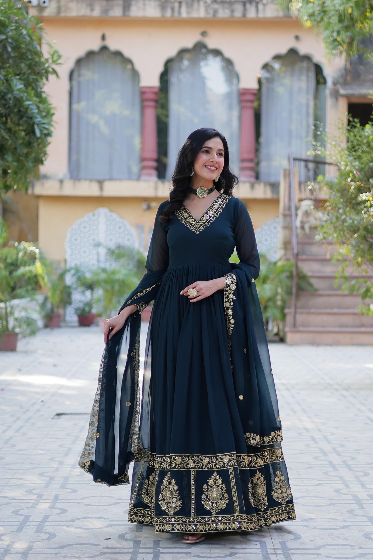Attractive Georgette Embroidery Work Teal Blue Color Gown