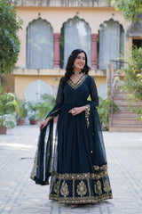 Attractive Georgette Embroidery Work Teal Blue Color Gown