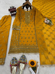 Blissful Thread With Sequence Work Yellow Color Sharara Suit