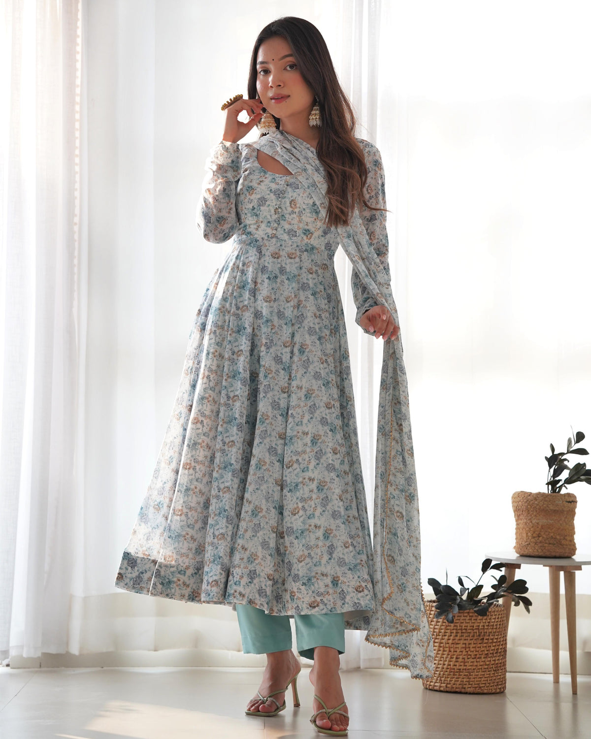 Flower Print Exclusive Fully Flair Sky Blue Color Anarkali Suit