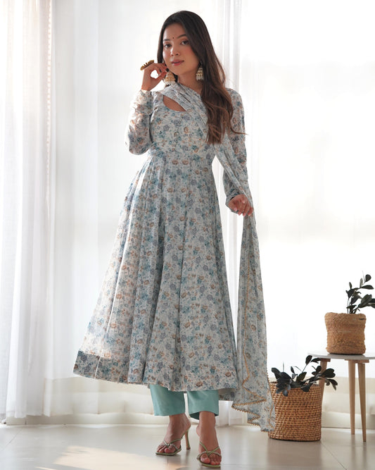 Flower Print Exclusive Fully Flair Sky Blue Color Anarkali Suit