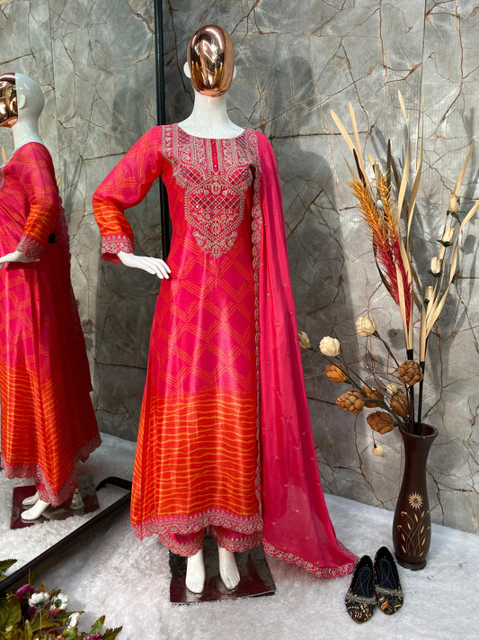 Elegant Sequence Work Pink Color Top Pant With Dupatta