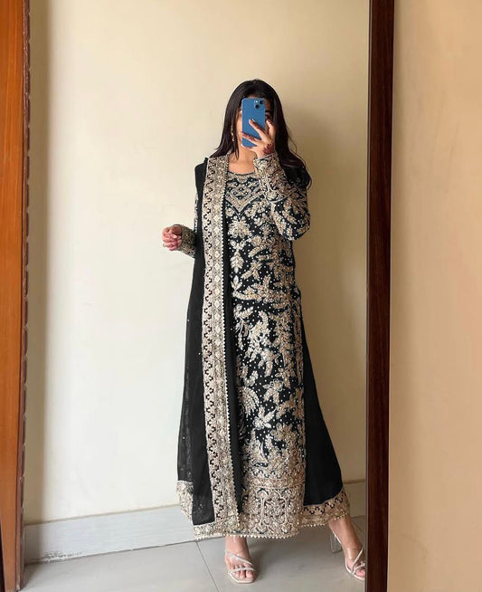Peaceful Heavy Embroidery Work Black Color Palazzo With Dupatta Set