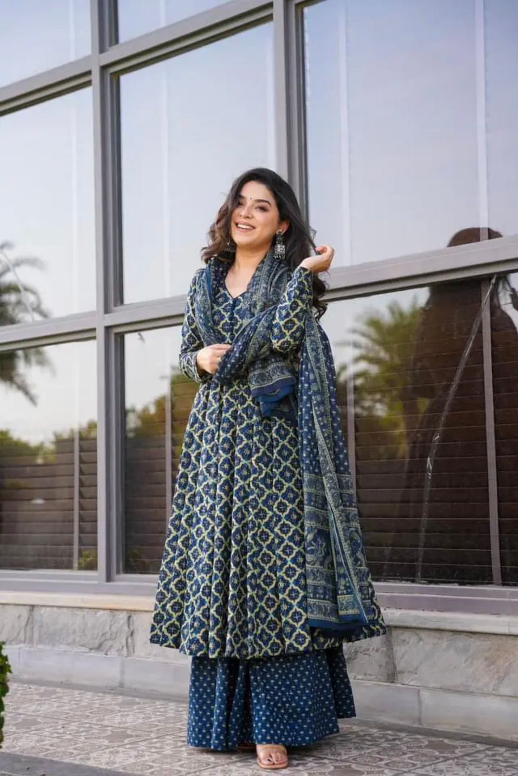 Outstanding Cotton Printed Blue Color Gown