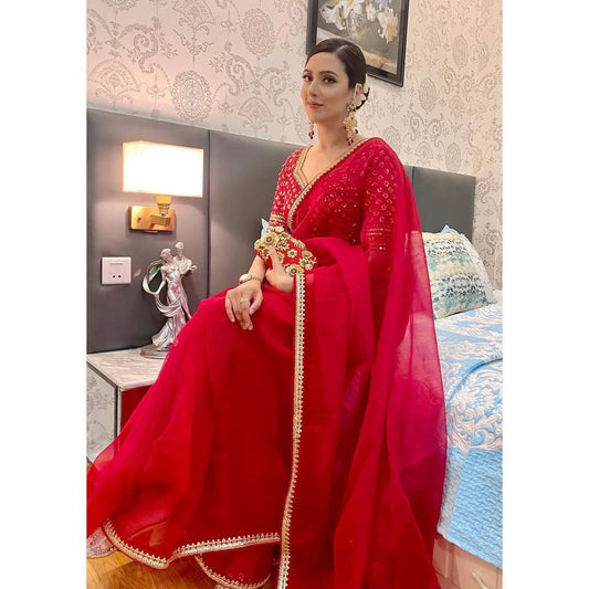 Function Wear Organza Silk Red Color Saree