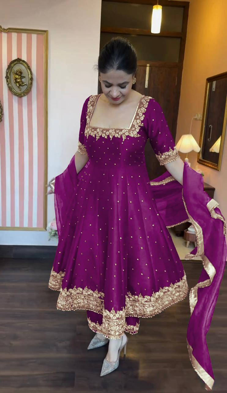 Elegant  Vichitra Silk Purple Color Anarkali Suit