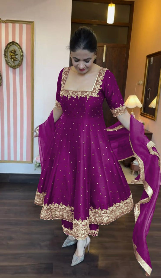 Elegant  Vichitra Silk Purple Color Anarkali Suit