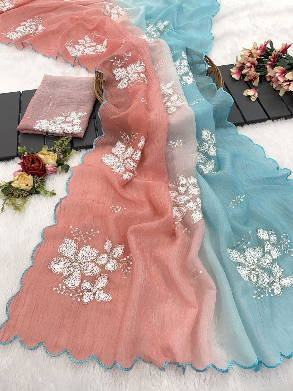 Fantastic Embroidery Work Peach & Sky Multi Color Saree