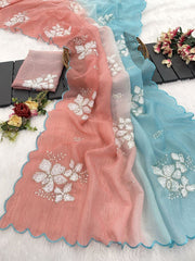 Fantastic Embroidery Work Peach & Sky Multi Color Saree