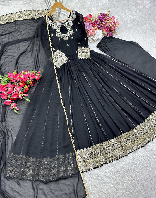 Stylish Black Georgette Sequence Work Gown