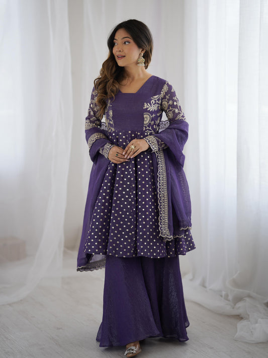 Stylish Purple Crunchy Silk Sequence Work Sharara Suit