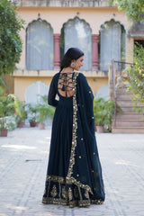 Attractive Georgette Embroidery Work Teal Blue Color Gown