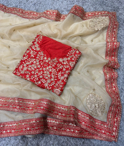 Beautiful Embroidery Work Cream Color designer Saree
