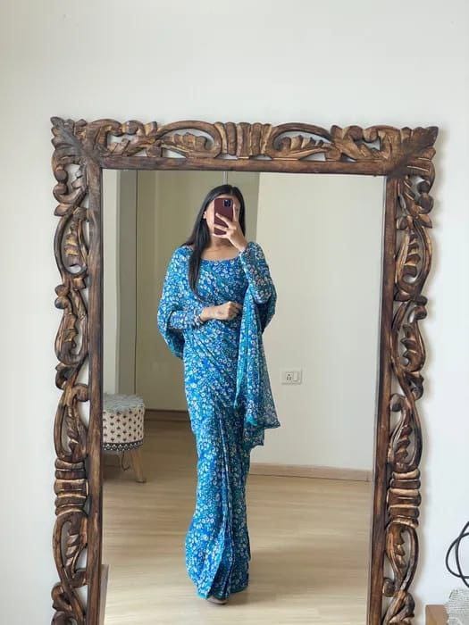 Awesome Digital Print Blue Color Ready To Wear Saree