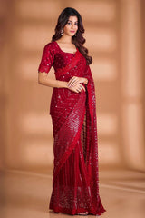 Party Wear Embroidery Work Red Color Saree