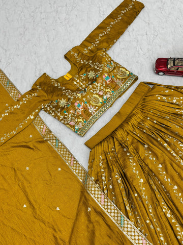 Exclusive Mustard Vichitra Embroidery Work Lehenga