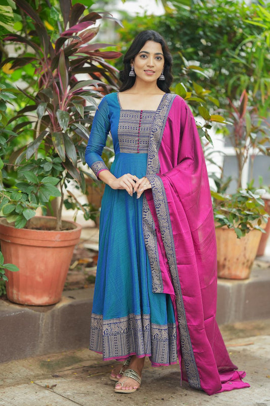 Blissful Vichitra Silk Sky Blue Color Gown