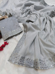 Glorious Sequins And Embroidery Work Grey Color Designer Saree