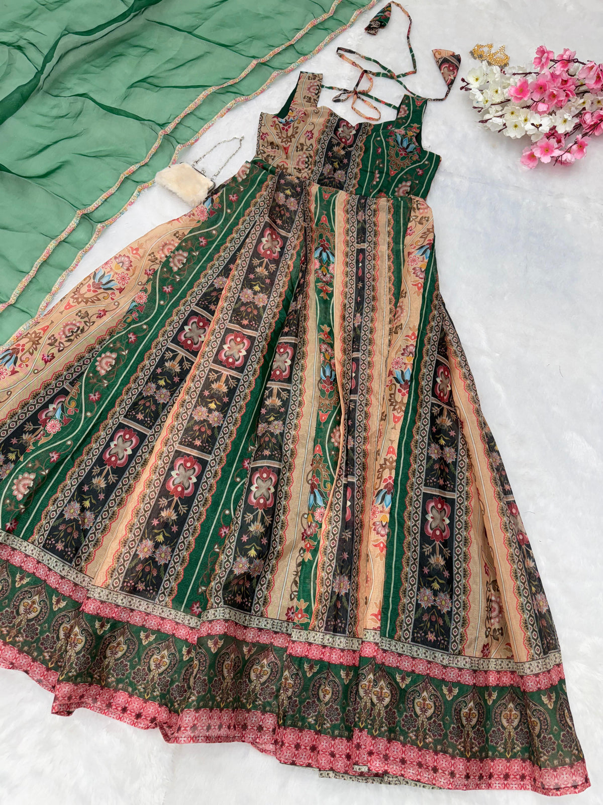 Classic Organza Silk Digital Printed Green Multi Color Gown