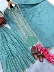 Superhit Chinon Silk Sky Blue Color Sharara Suit