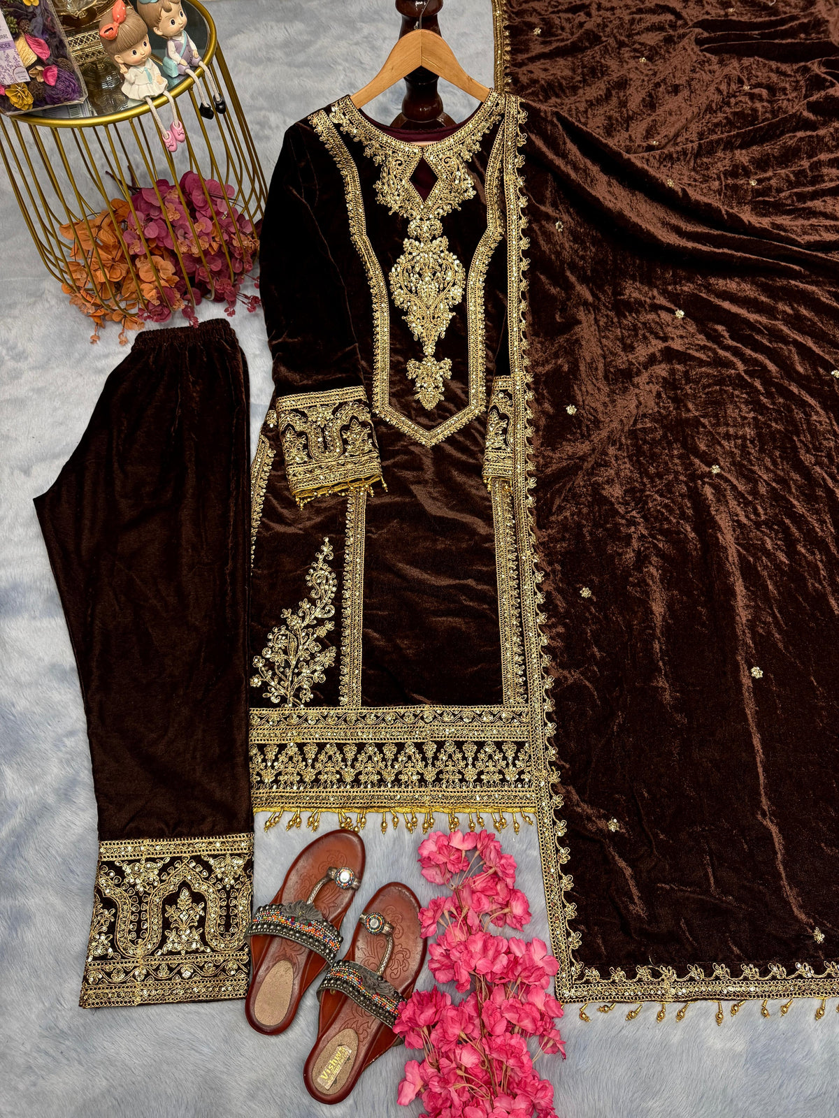 Delightful Brown Color Velvet Salwar Suit