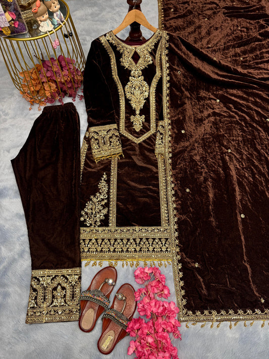 Delightful Brown Color Velvet Salwar Suit