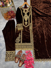 Delightful Brown Color Velvet Salwar Suit