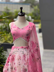 Glorious Pink Organza Digital Printed Lehenga Choli