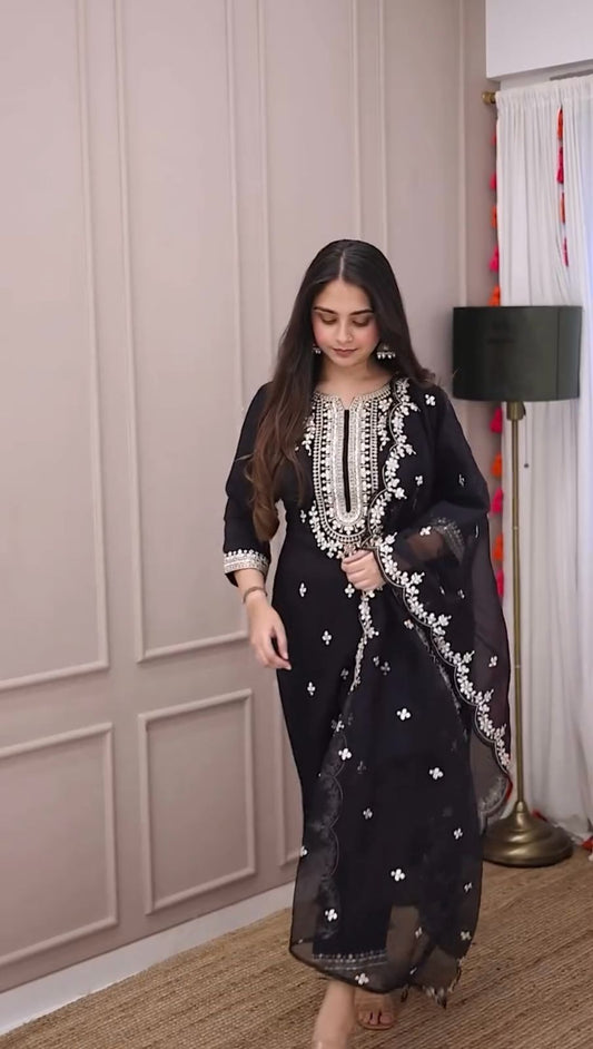 Glorious Embroidery Work Black Color Salwar Suit