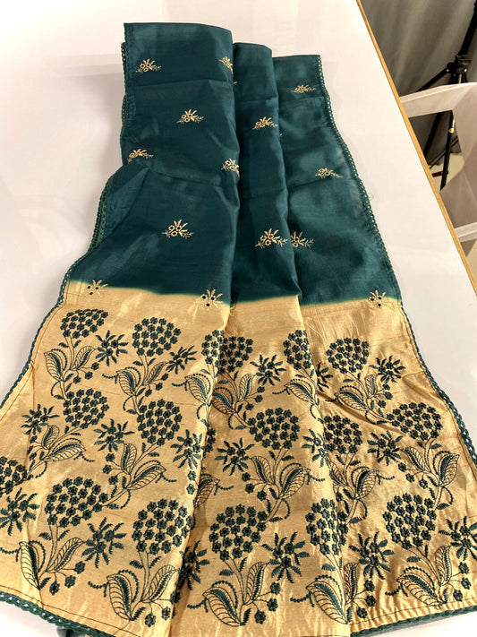 Precious Embroidery Design Green Color Sarees
