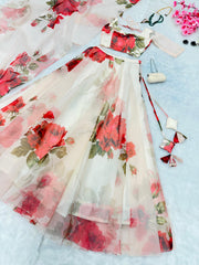Admiring White Organza Floral Printed Lehenga Choli