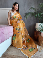 Handprint Flower Print Organza Mustard Color Saree