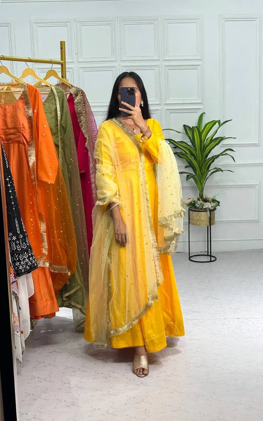 Wonderful Yellow Color Plain Gown With Work Net Dupatta