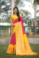 Wonderful Bandhani Pink With Yellow Kanjivaram Silk Saree