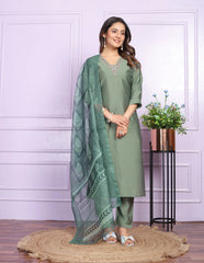 Attractive V Neck Straight Green Color Kurti Pair With Dupatta