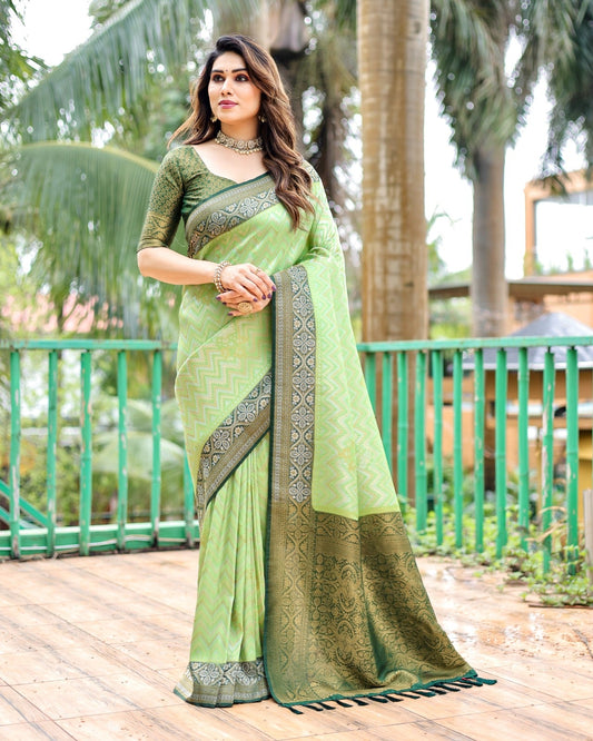 Demanding  Pista Green Color Kanjivaram Pattu  Zari Weaving Saree