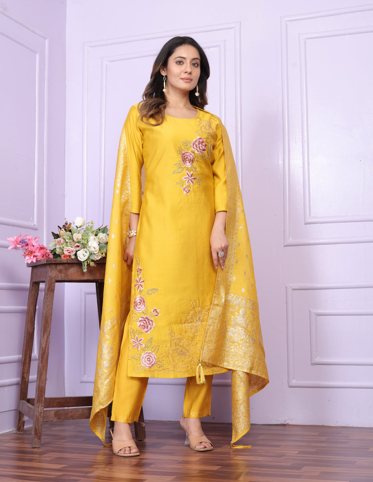 Haldi Wear Yellow Russian Silk Salwar Suit With Banarasi Dupatta