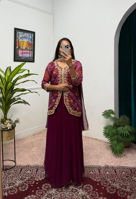 Outstanding Embroidery Work Purple Color Gown Koti With Dupatta