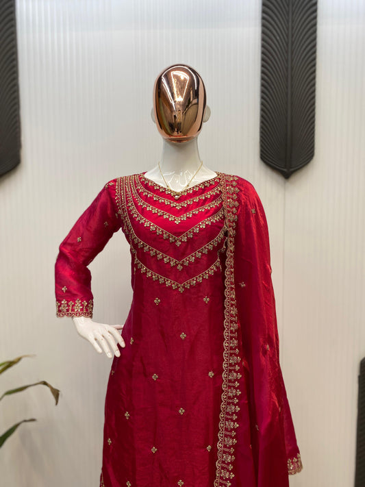 Function Wear Embroidery Work Red Color Palazzo Suit