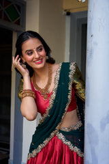 Wonderful Zari Weaving Work Red & Green Color Lehenga Choli