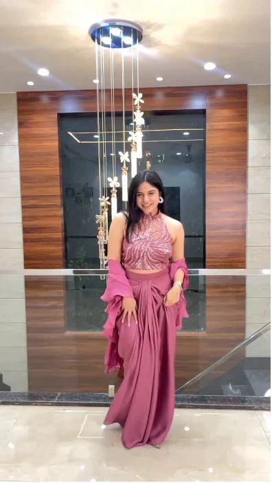 Function Wear Pink Drape Skirt With Beautiful Pattern Blouse