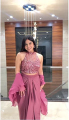 Function Wear Pink Drape Skirt With Beautiful Pattern Blouse