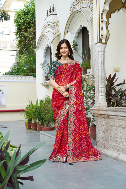 Beautiful Designer Red Color Bandhani Saree