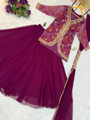Outstanding Embroidery Work Purple Color Gown Koti With Dupatta