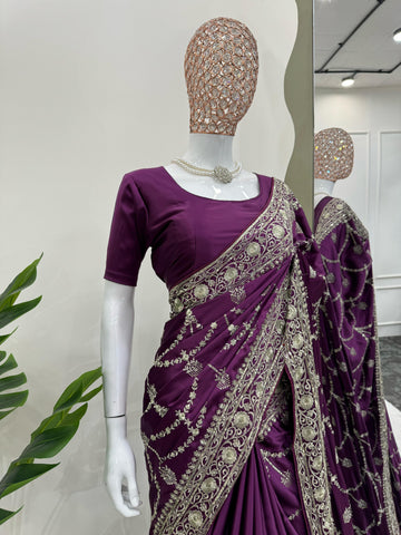 Function Wear Satin Silk Wine Color saree