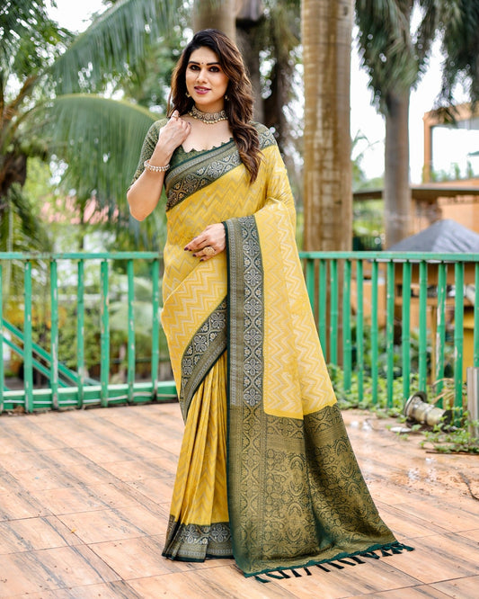 Demanding  Yellow Color Kanjivaram Pattu  Zari Weaving Saree