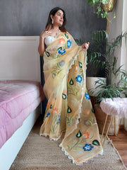 Handprint Flower Print Organza Yellow Color Saree