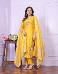 Haldi Wear Yellow Russian Silk Salwar Suit With Banarasi Dupatta