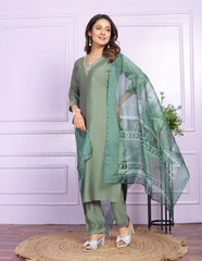 Attractive V Neck Straight Green Color Kurti Pair With Dupatta